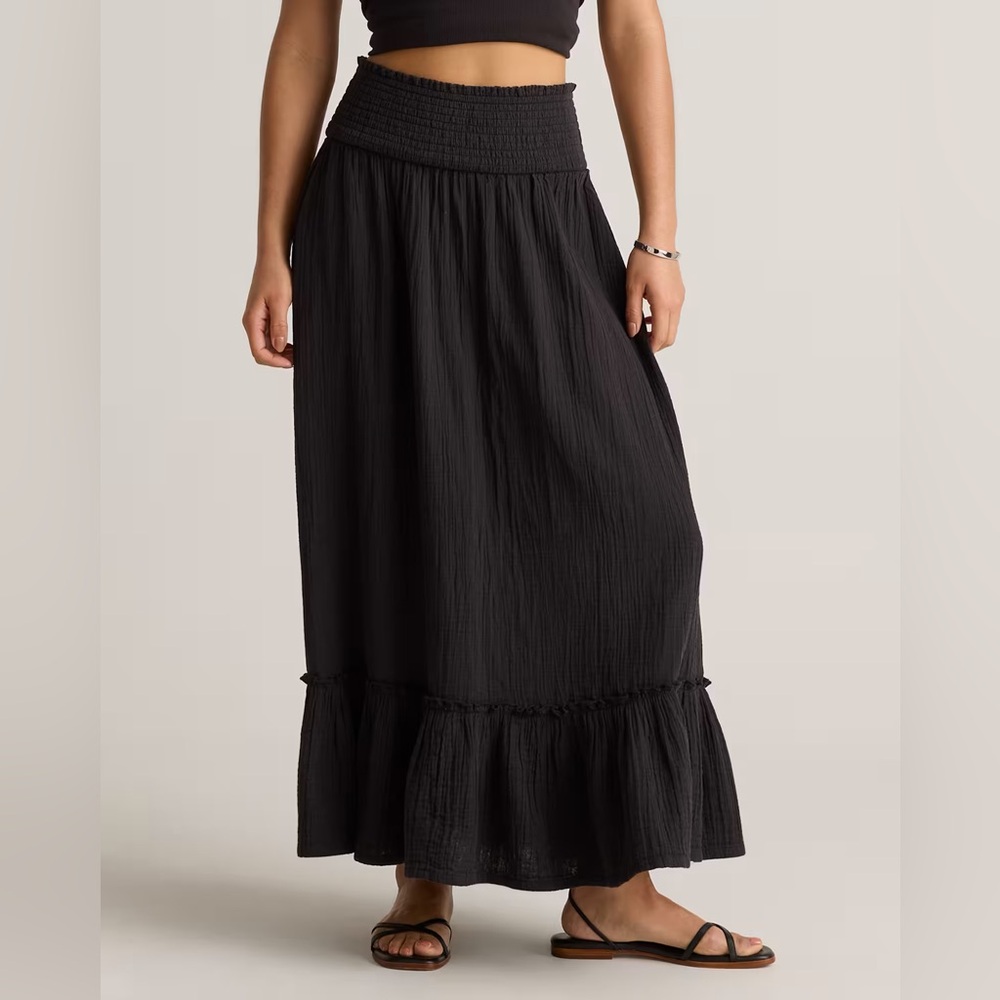 NWOT Quince 100% Organic Cotton Gauze Smocked Maxi Skirt, S Black